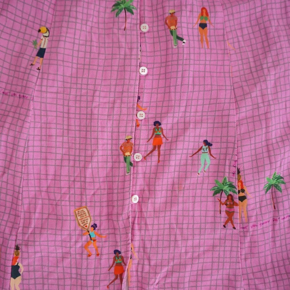 Farm Rio Pink Holiday Travel Print Button Front Resort Maxi Dress Illustrated P - Picture 7 of 16